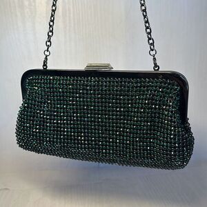 BCBG Maxazria Green Rhinestone Clutch Wristlet Chain Purse Handbag